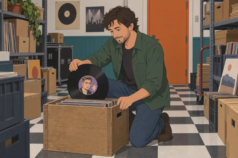 cuestionario sobre Justin: archivista estudia un vinilo.