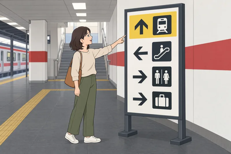 Kanji Quiz learner checks a destination placard.