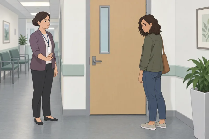 Karpman Drama Triangle frames a guarded clinic doorway.