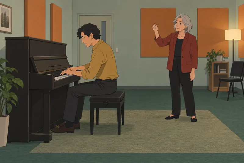 Key Signature Quiz at an upright piano.