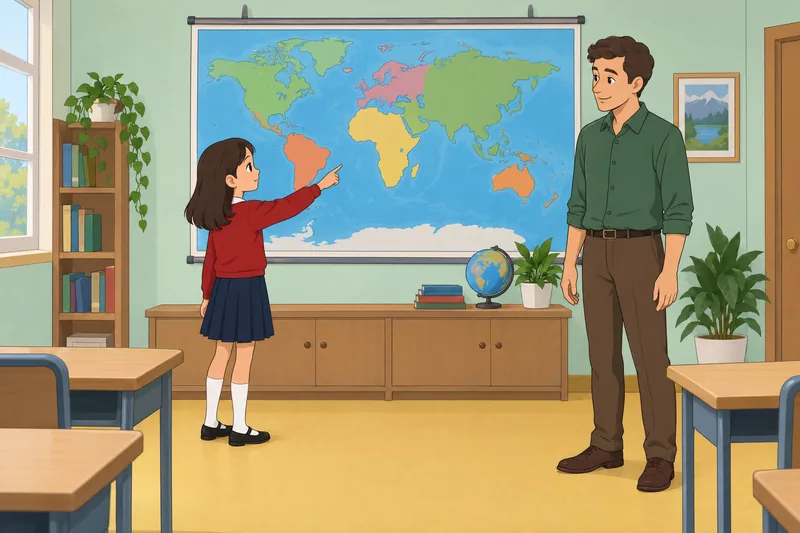 Kids Geography Quiz: child traces a world route.