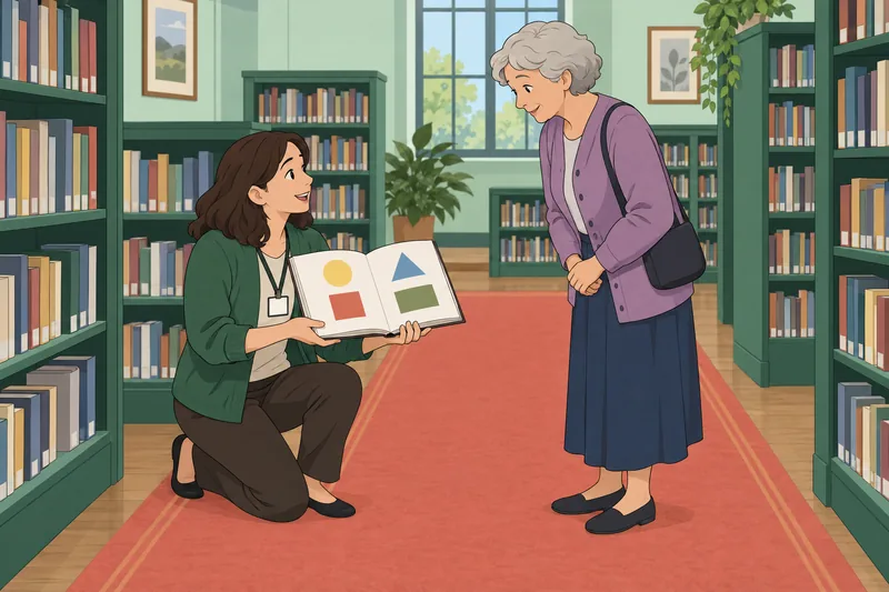 Kindness Quiz: a librarian listens beside a shelf.