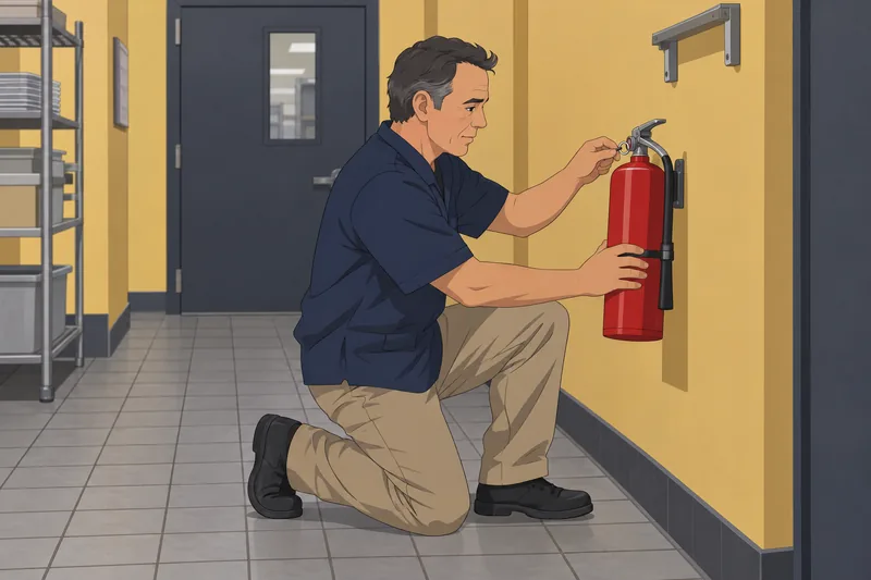 Kitchen Safety Quiz depicts an extinguisher inspection.