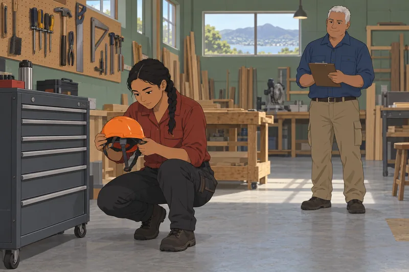 Kiwi Careers Quiz shows a workshop safety check.