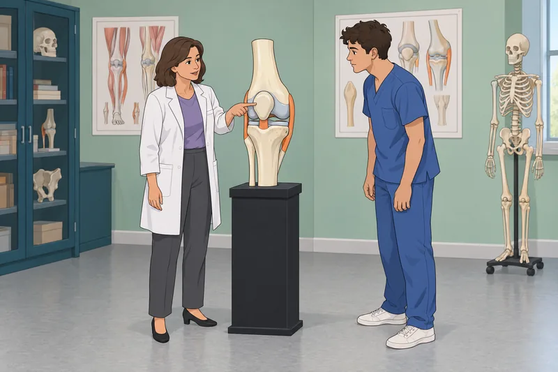 Knee Anatomy Quiz examines a knee model.