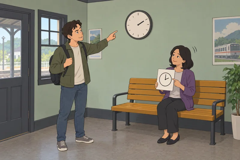 Korean Vocab Quiz learner checks a station clock.
