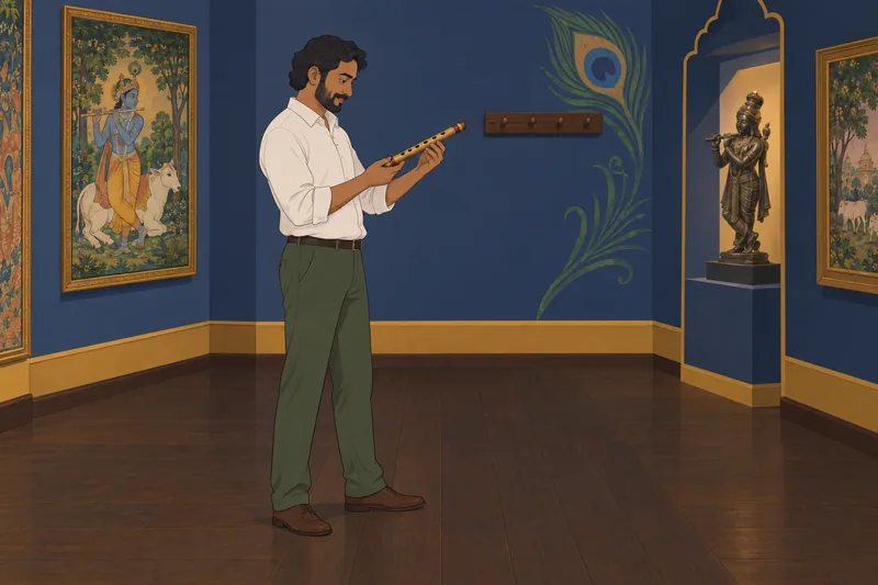 Krishna Quiz shows an educator with a flute.