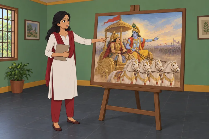 Krishna Quiz shows a learner and chariot art.