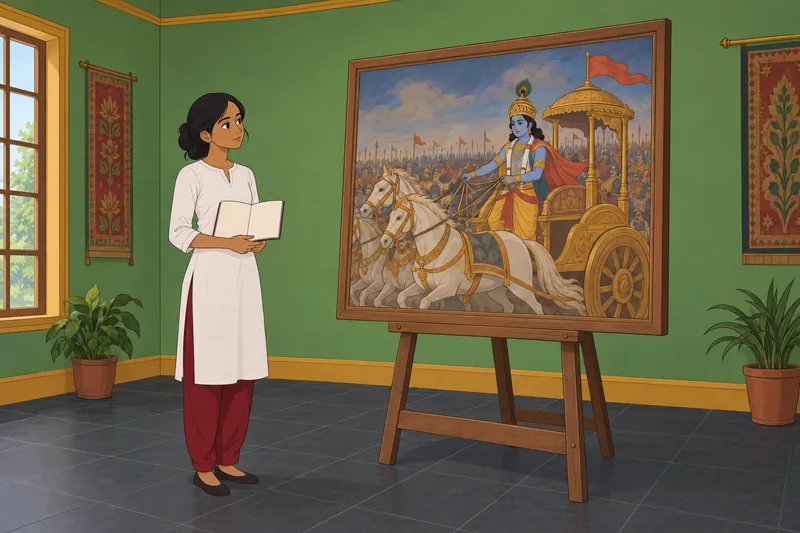 El cuestionario sobre Krishna muestra una escena mural.