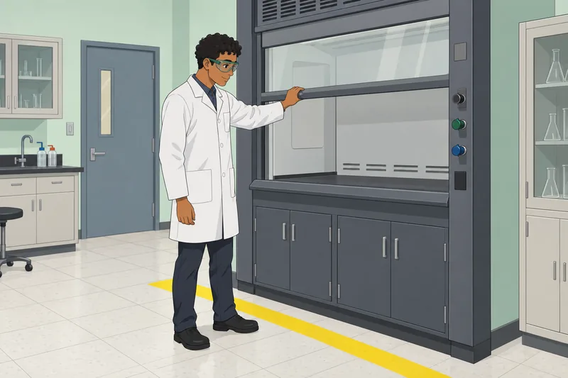 Lab Safety Quiz: trainee lowers the hood.