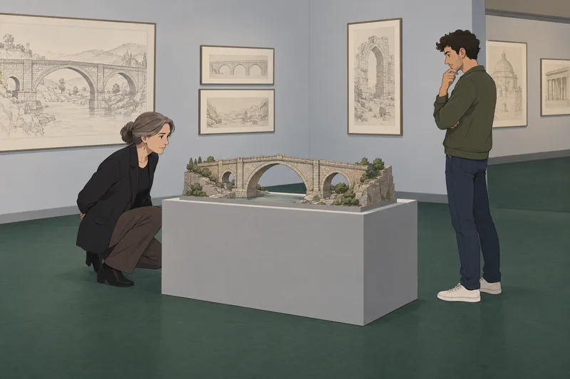 Landmarks Quiz: a curator examines a bridge model.