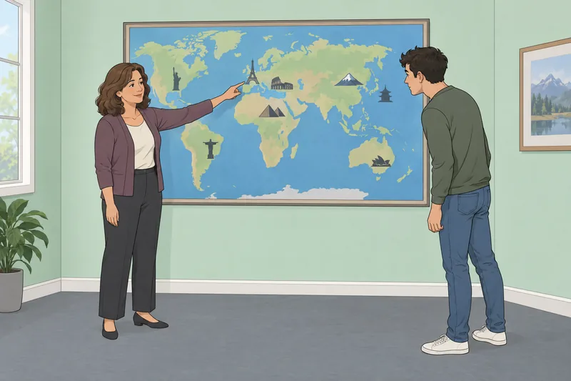 Landmarks Quiz: a learner studies a world map.