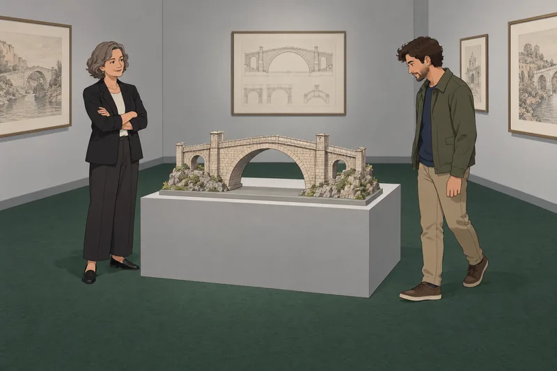 La curadora estudia el cuestionario sobre monumentos.