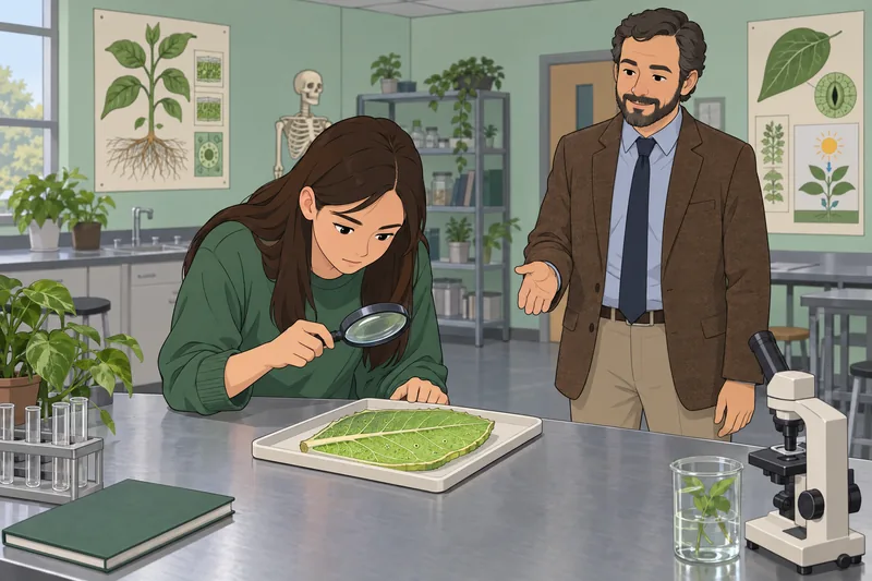 Leaf Anatomy Quiz: A student examines a leaf.