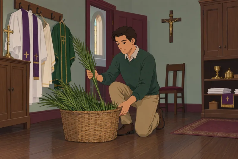 Lent Quiz shows palm branches in a sacristy.