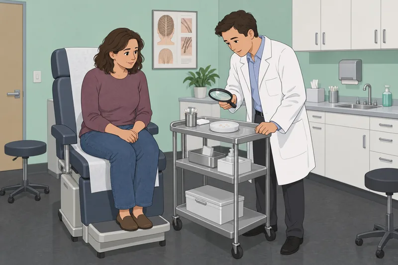 Lice or Dandruff shows a clinic inspection.