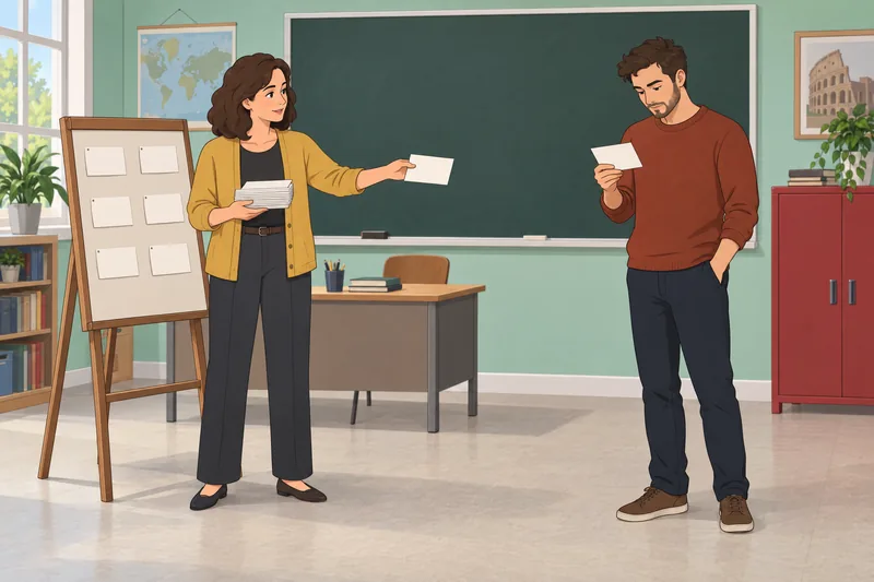 Life Motto Quiz shows cards in a classroom.