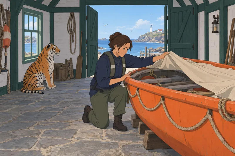 Life of Pi: a guide studies the lifeboat.
