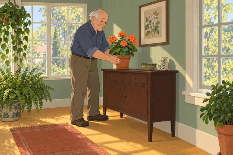 Life Satisfaction in a bright room, tending flowers.
