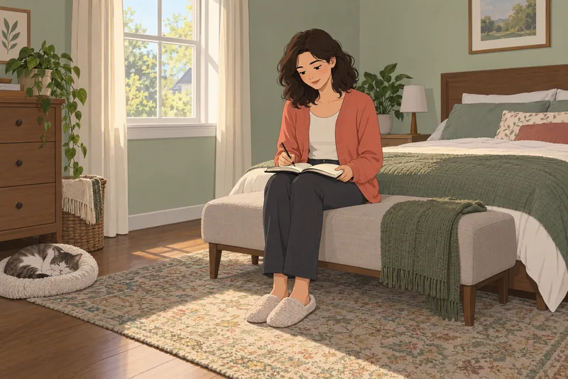 Life Satisfaction Quiz: woman reviews daily priorities.