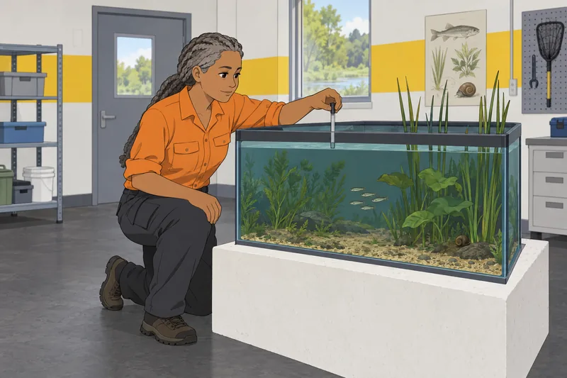 Living Environment Quiz: technician studies an aquatic tank.