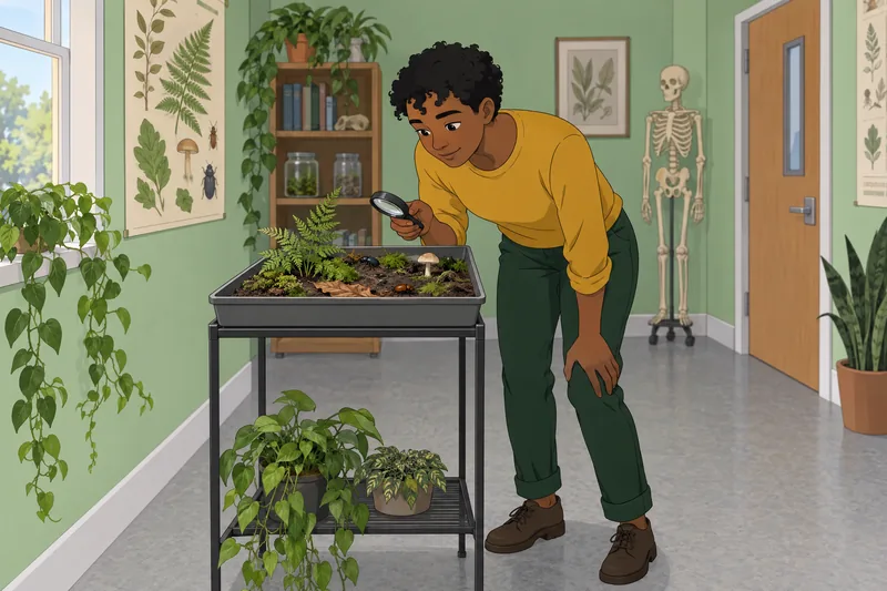 Living Environment Quiz: student studies a terrarium.