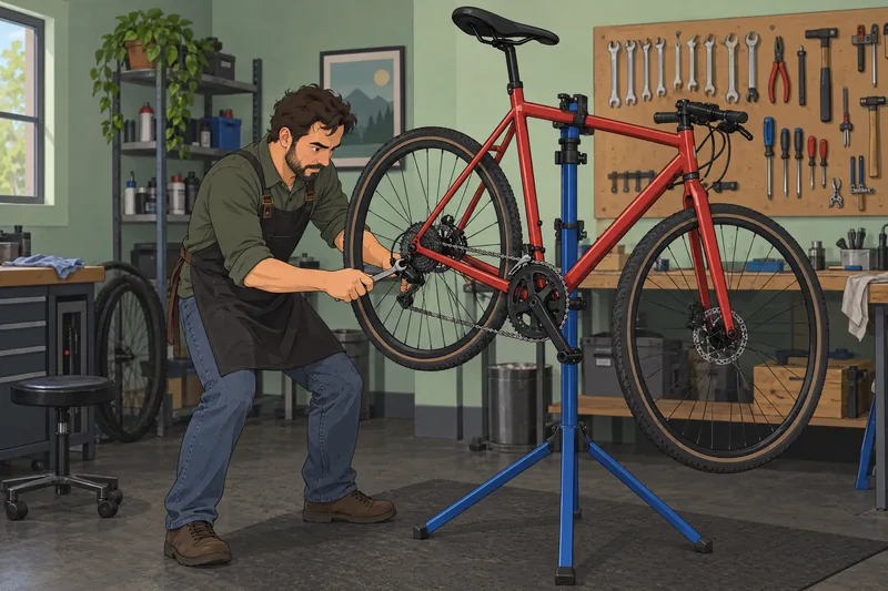 Locus of Control mechanic repairs a bicycle.