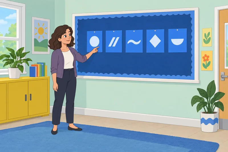 Logo Quiz Blue cards fill a classroom.