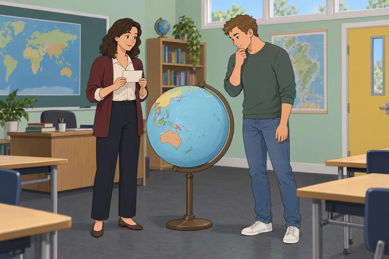 el quiz más: una profesora gira un globo.