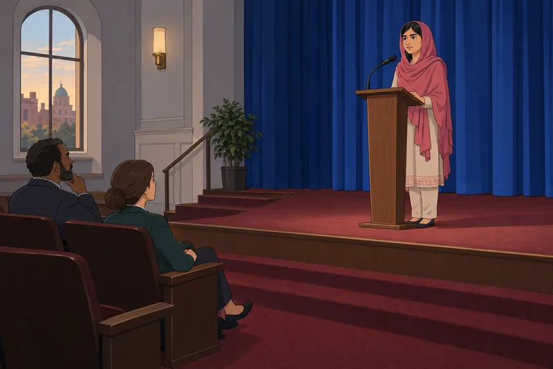 Malala the Powerful addresses listeners from a podium.