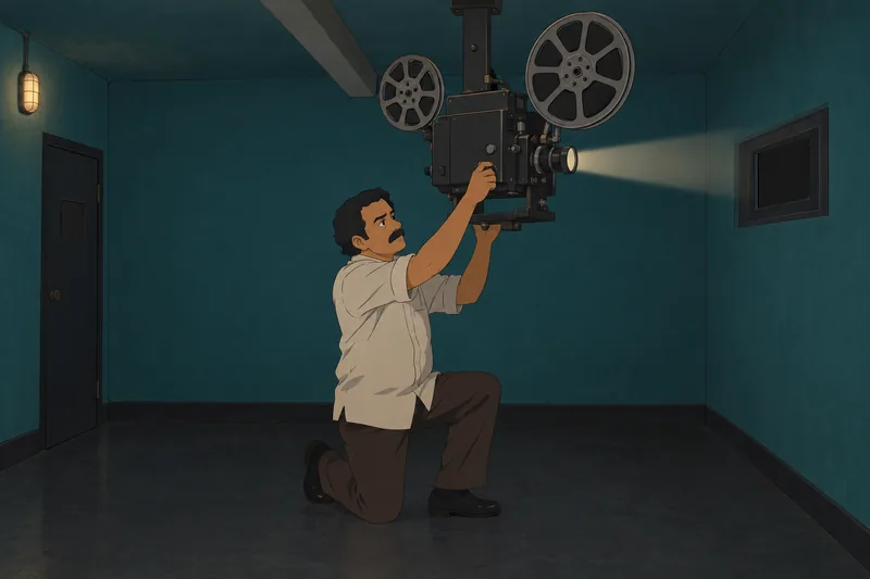Malayalam Cinema Quiz examines a projector.
