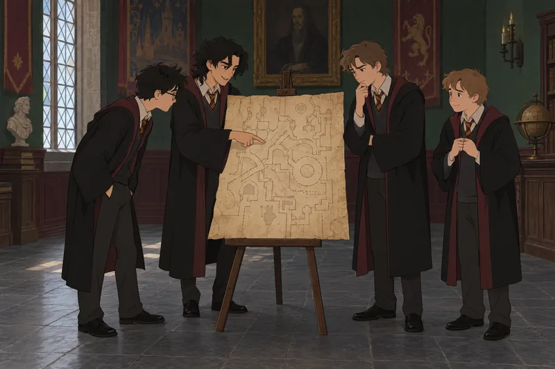 Marauders Quiz shows four friends studying a map.