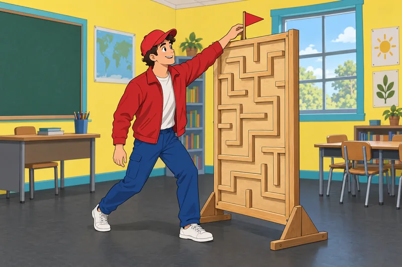 Mario and Luigi explore a painted classroom.