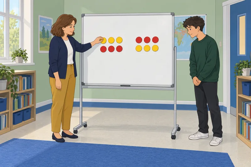 Math Properties Quiz shows grouped counters in class.