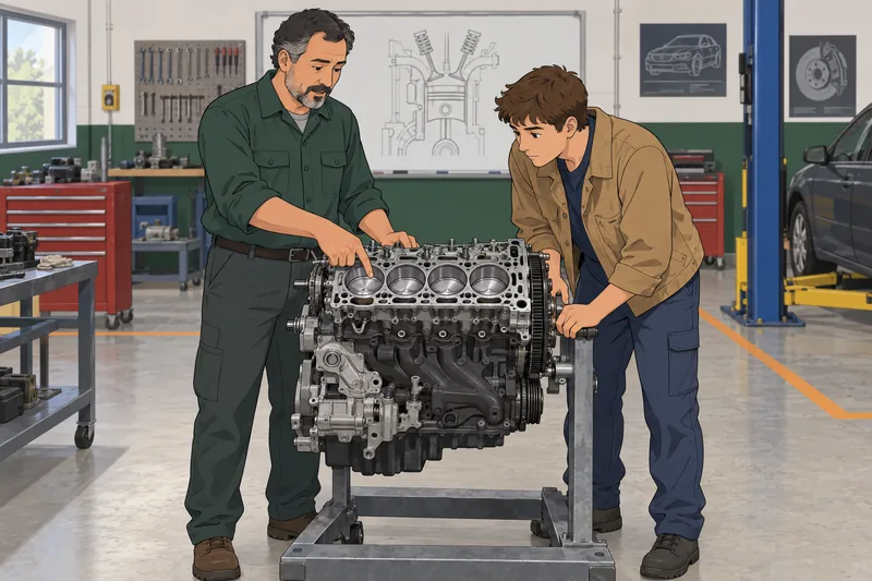 Mechanic Quiz examines an engine spark plug.