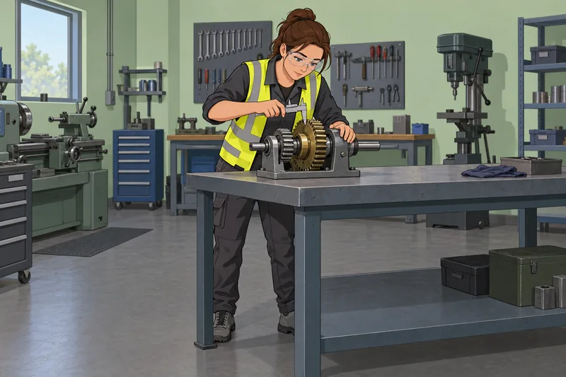 Mechanical Engineering Quiz shows an apprentice measuring gears.