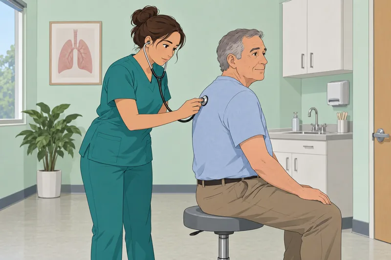 Med Surg Respiratory — a nurse listens to breathing.