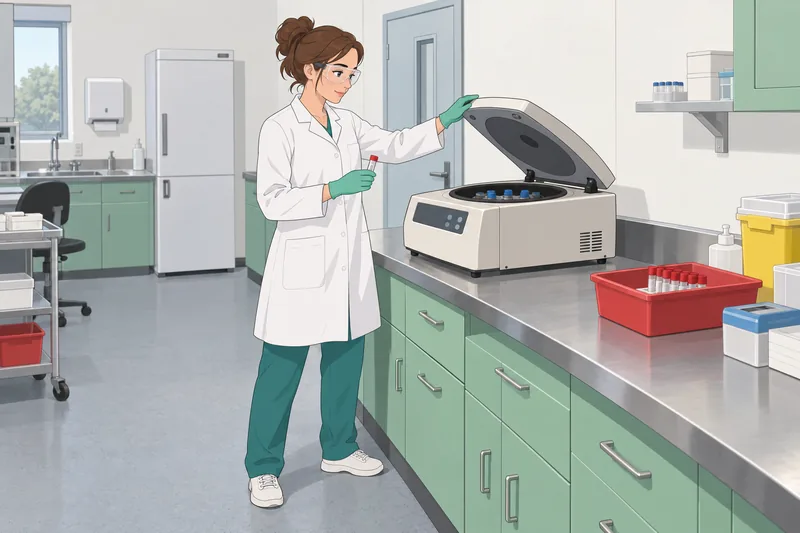 Med Tech Quiz: trainee checks a centrifuge.