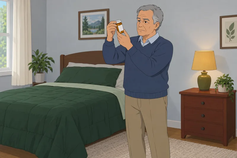Medication Adherence Assessment beside a bedroom shelf.