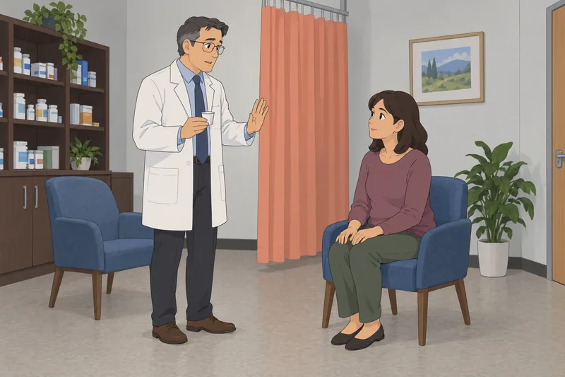 Medication Administration Quiz in a pharmacy consultation room.