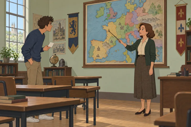Medieval Europe Map hangs in a classroom.