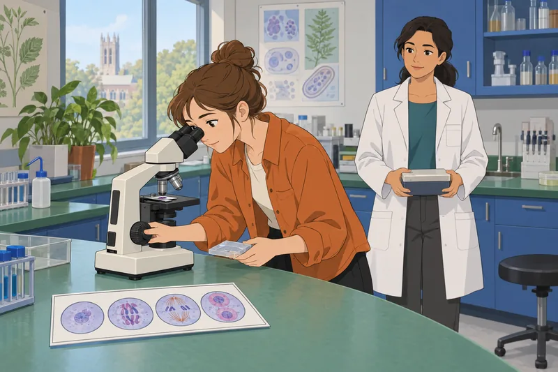 Meiosis Quiz shows microscope work in lab.