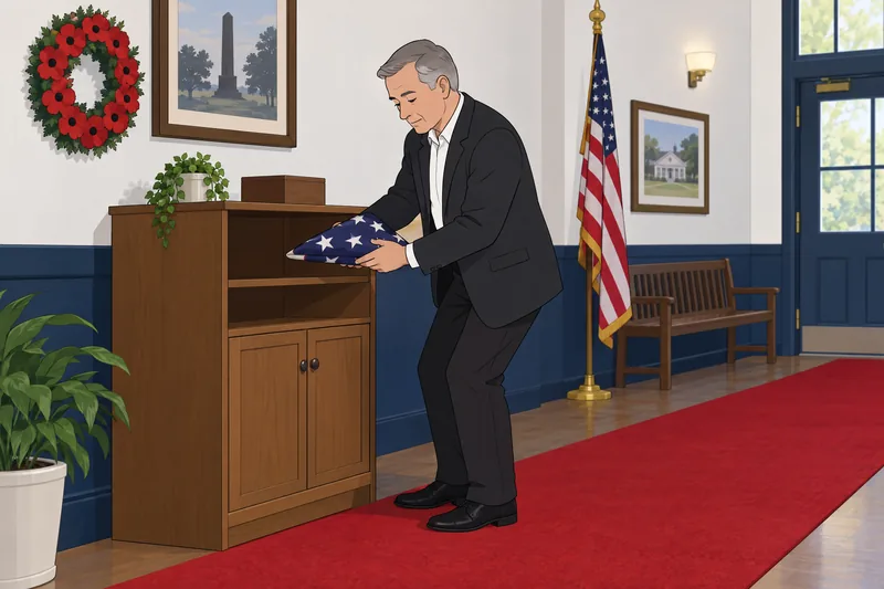 Memorial Day Quiz: coordinator lifts a folded flag.