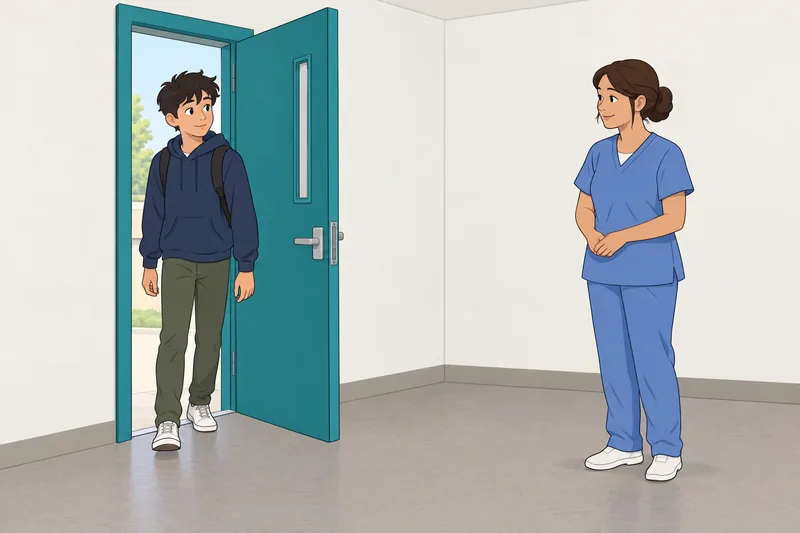 cuestionario de salud: adolescente cruza una puerta.