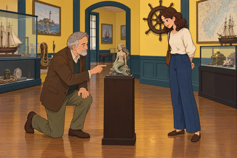 Mermaid Quiz studies a museum figurine.