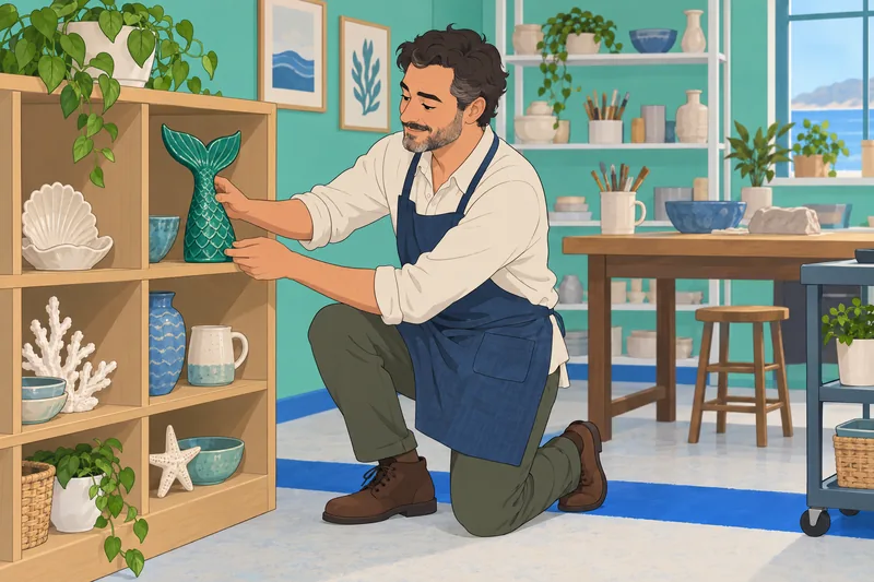 Mermaid Tail Color tiles fill a workshop shelf.