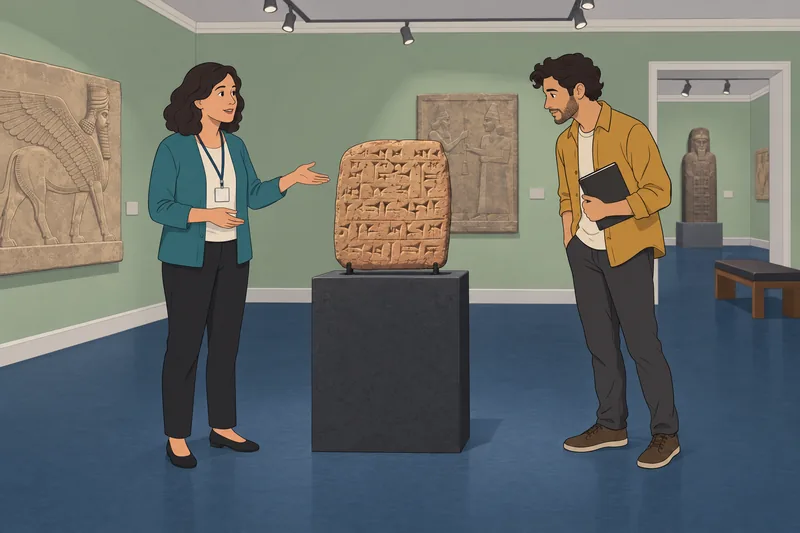 Mesopotamia Quiz shows a curator presenting a tablet.