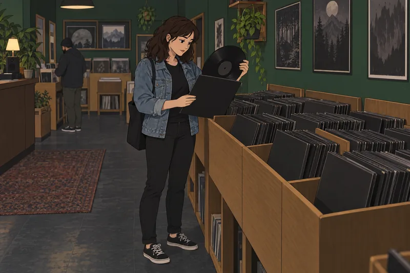 Metalhead Quiz shows a customer examining vinyl.