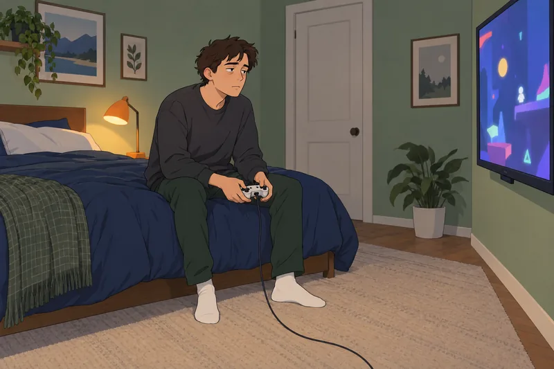 Gaming Addiction Assessment shows a player pausing.