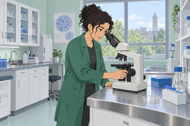Scientific Research Motivation: a scientist examines a microscope.